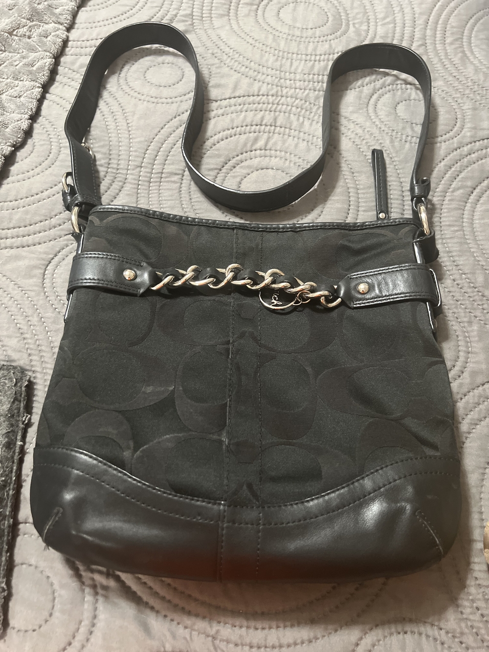 Coach Black Signature Canvas Crossbody with Gold Chain Detail
